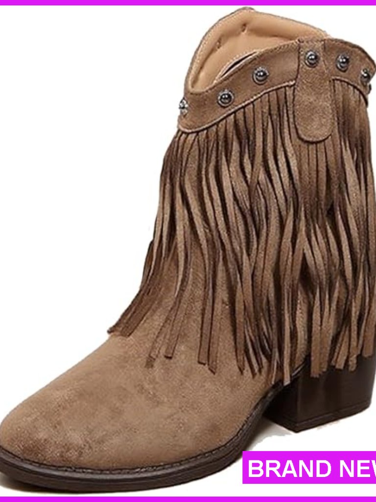 Suede Fringe Western Ankle Boots Retro Fashion Studded Pointed Toe Pull-On